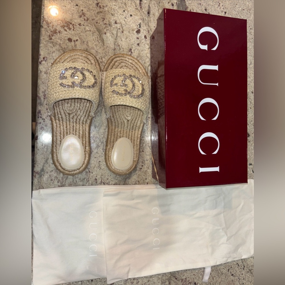 Authentic Gucci Cora Crystal GG Logo Espadrille Slide Sandal Raffia New 10 - Picture 6 of 11